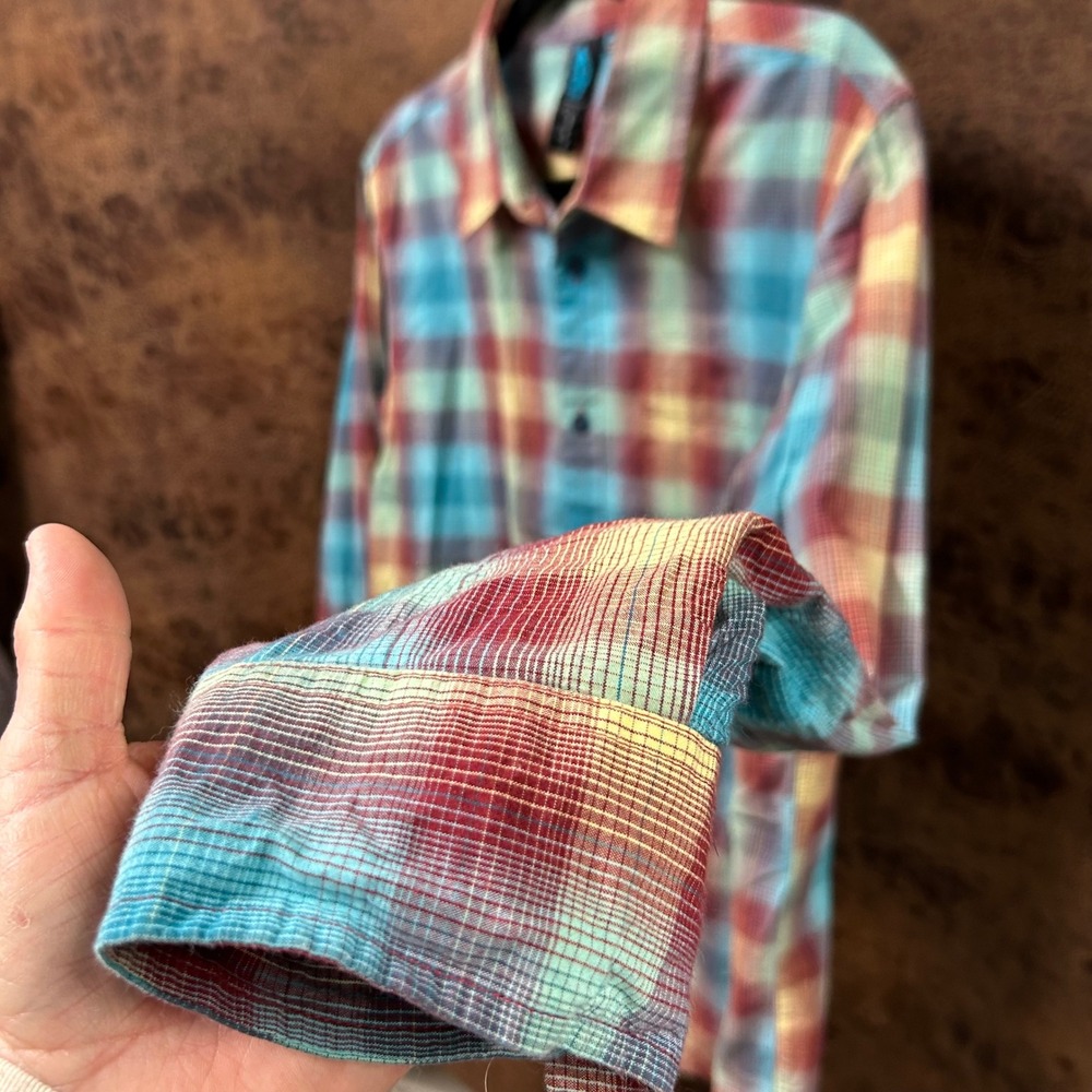 Vans Off the Wall Y2K Teal Yellow Plaid Button Down Embroidered Logo Mens Medium - Picture 5 of 8